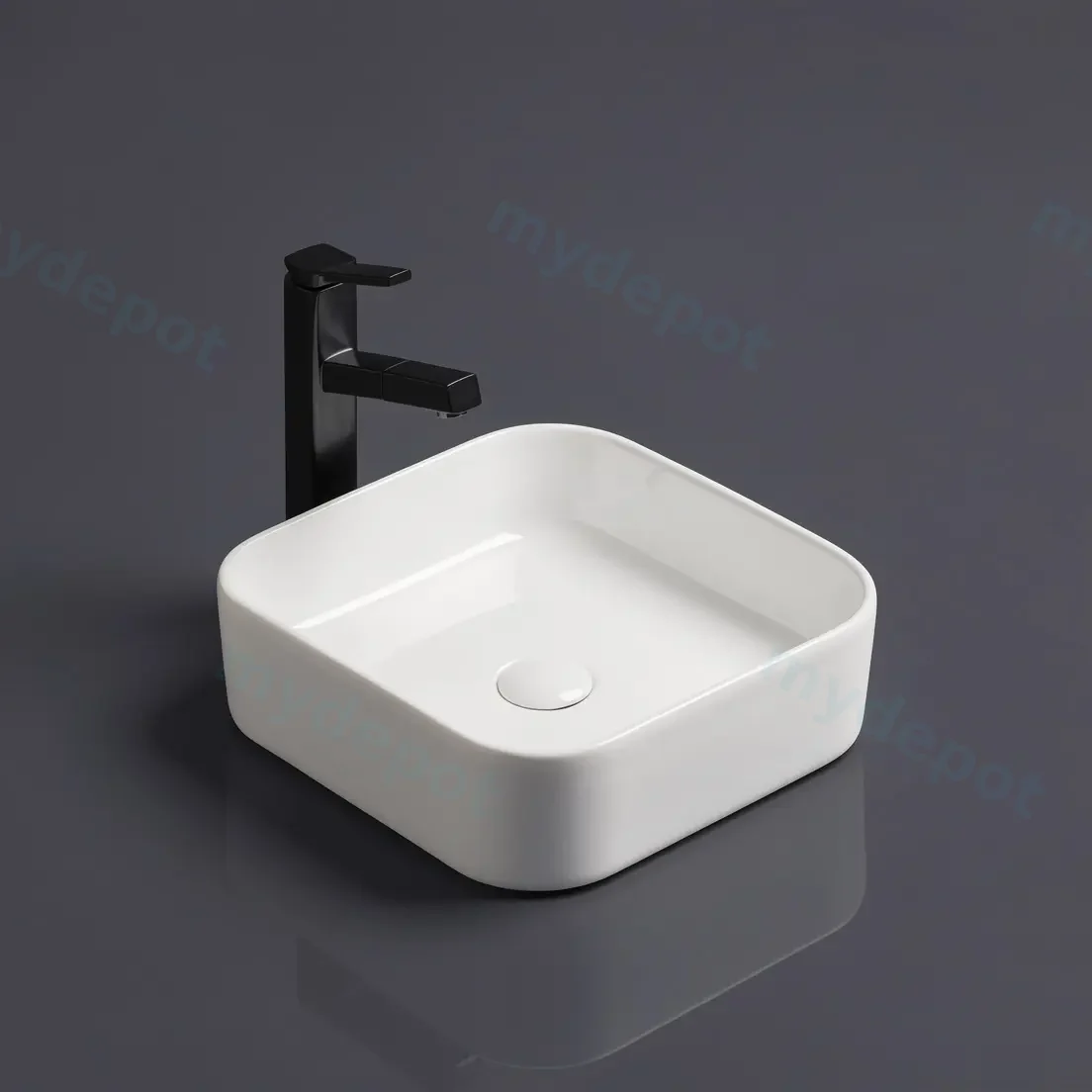 370*370*113mm Gloss White Kliff Fine Ceramic Above Counter Basin No Overflow,32mm Waste view 3