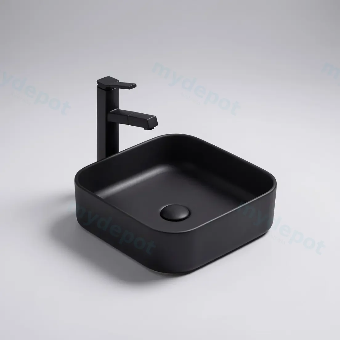370*370*113mm Matte Black Kliff Fine Ceramic Above Counter Basin No Overflow,32mm Waste view 3