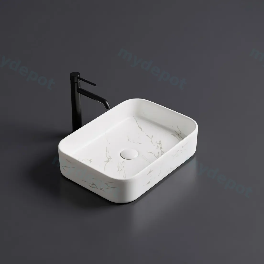 500*370*110mm Matte Marble White Kliff Fine Ceramic Above Counter Basin No Overflow,32mm Waste view 2