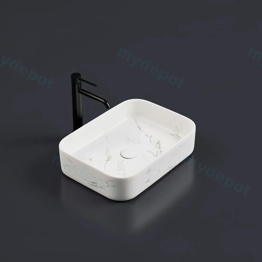 500*370*110mm Matte Marble White Kliff Fine Ceramic Above Counter Basin No Overflow,32mm Waste view 3