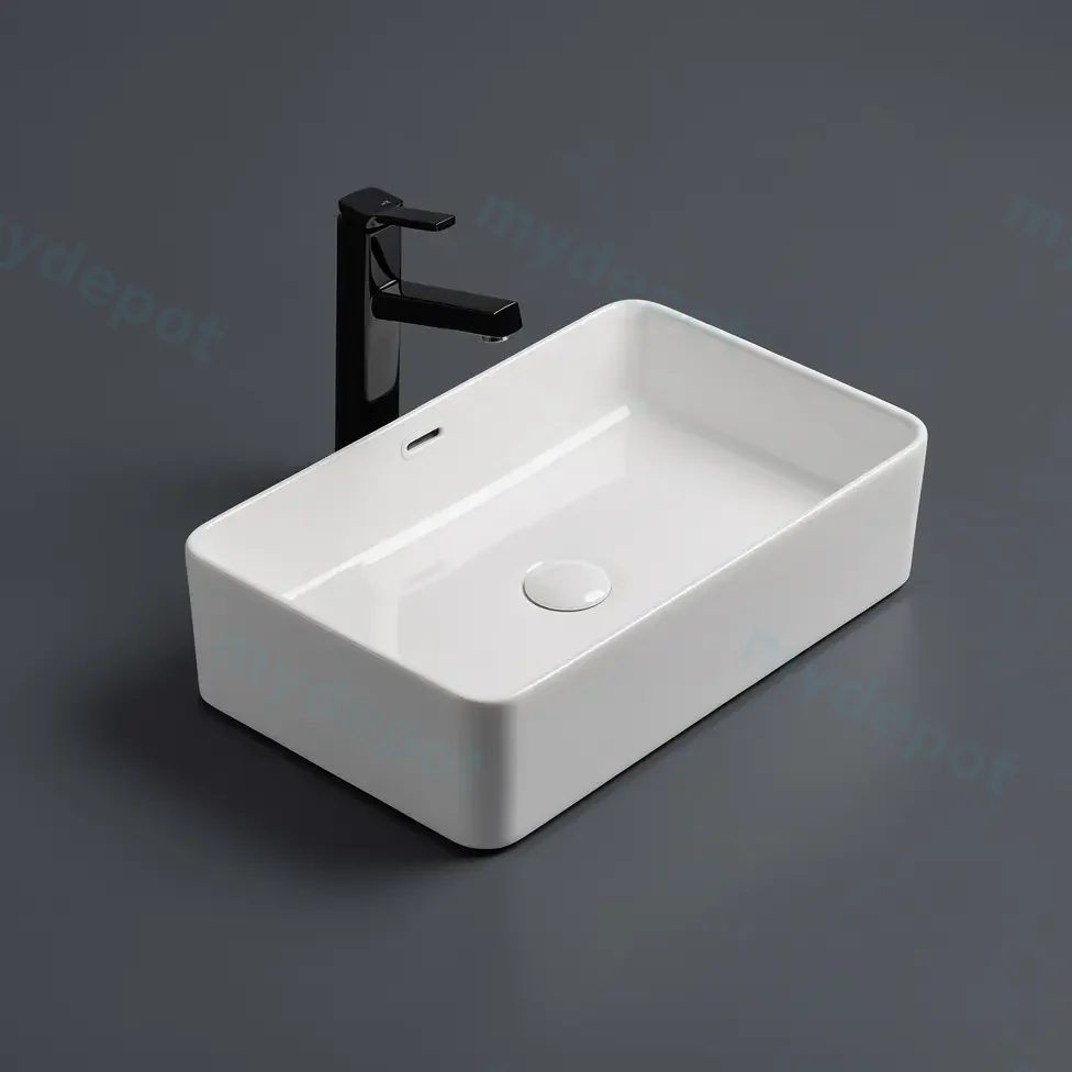 555*360*140mm Gloss White Crete Fine Ceramic Above Counter Basins Overflow,32mm Waste view 2