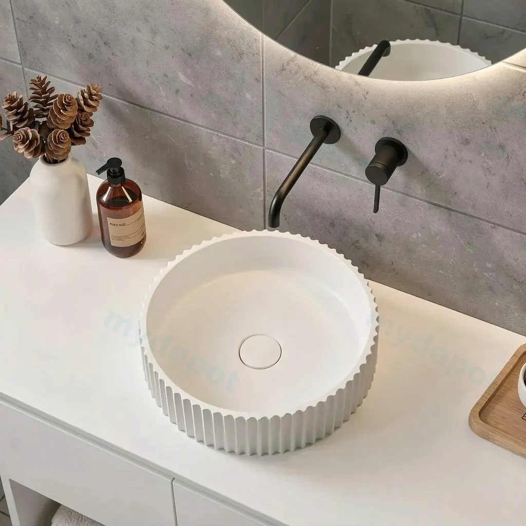 400*400*120mm Matt White Olley Fluted Solid Surface Above Counter Basin 32mm Waste view 3