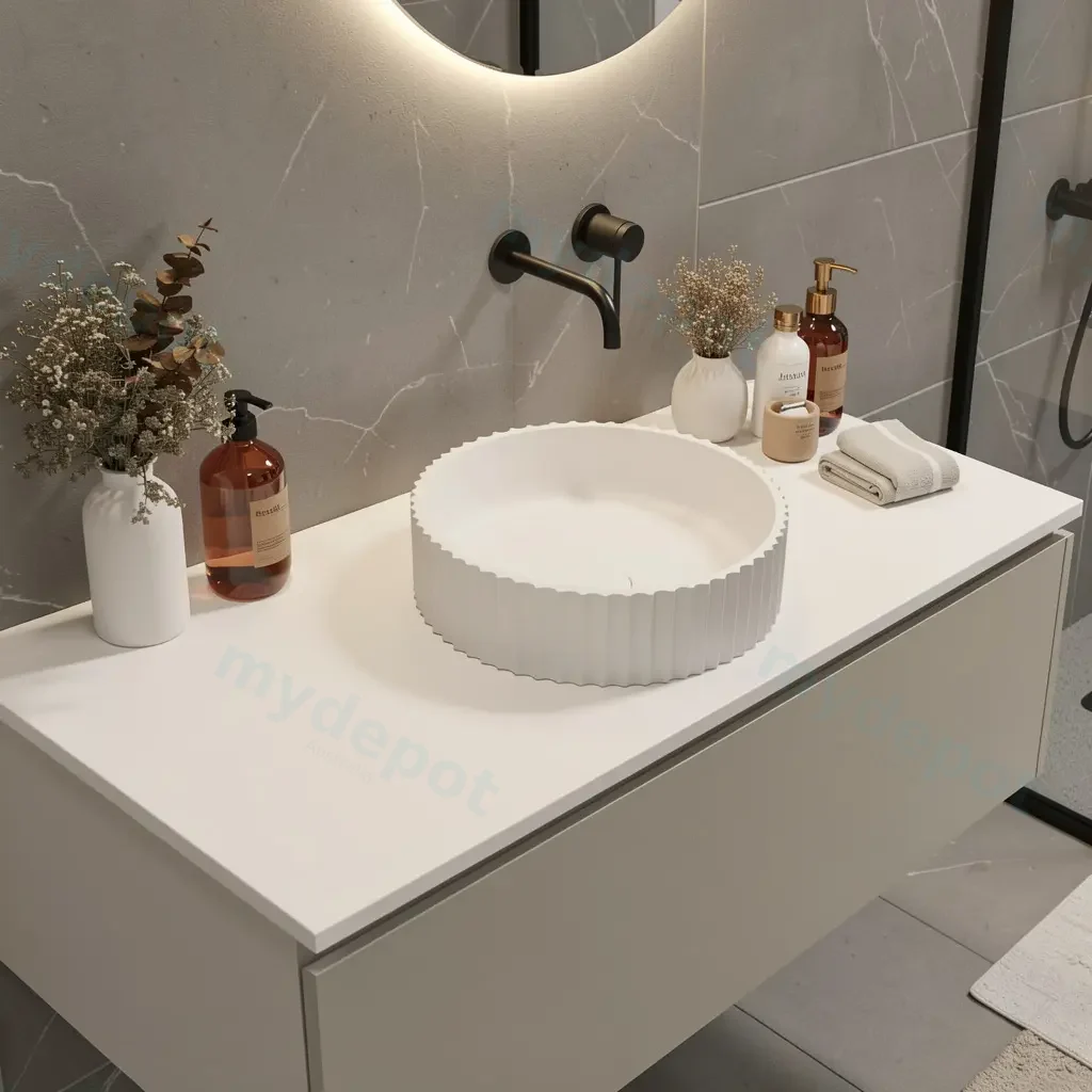 400*400*120mm Matt White Olley Fluted Solid Surface Above Counter Basin 32mm Waste view 5