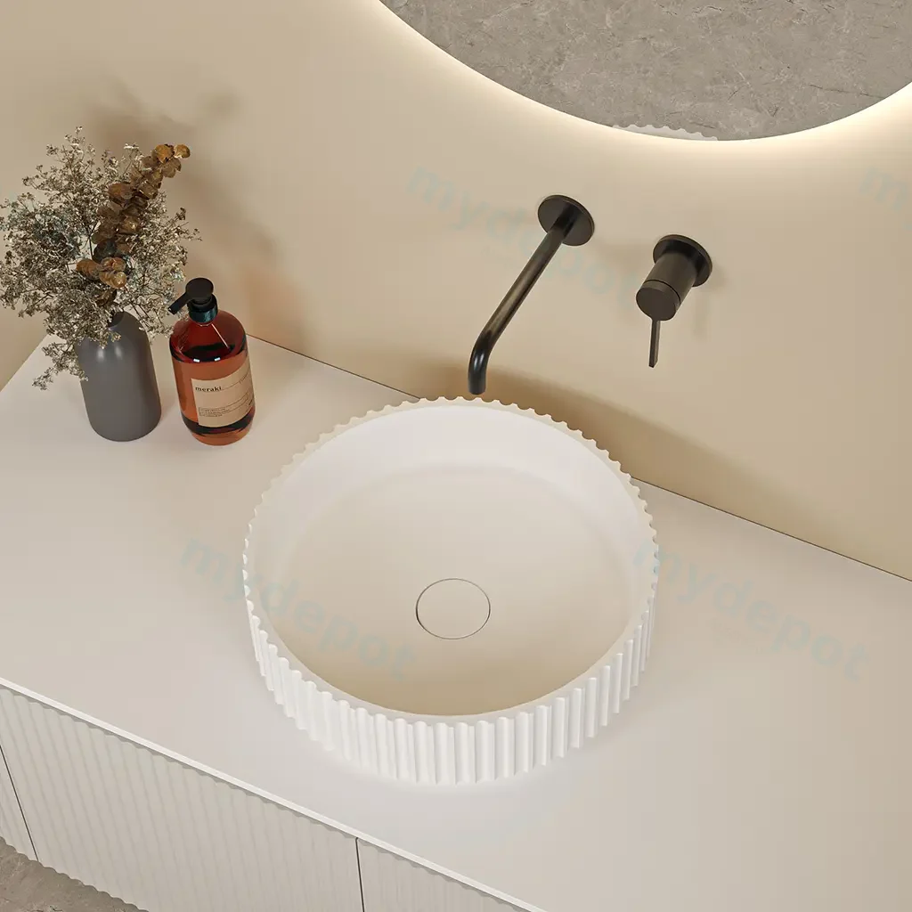 400*400*120mm Matt White Olley Fluted Solid Surface Above Counter Basin 32mm Waste view 4