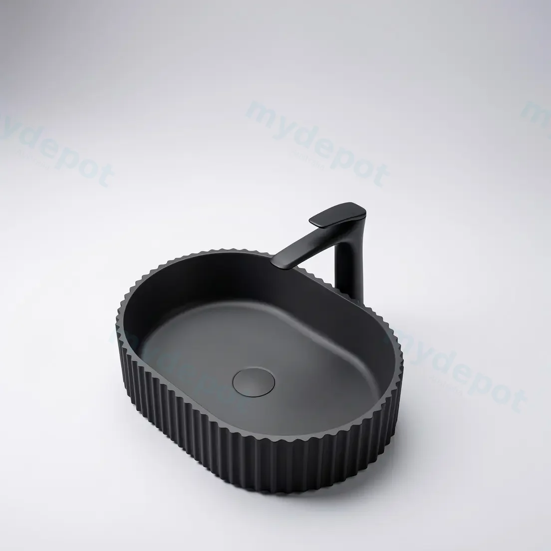 480*345*140mm Matte Black Ellips Fluted Solid Surface Above Counter Basin 32mm Waste view 3