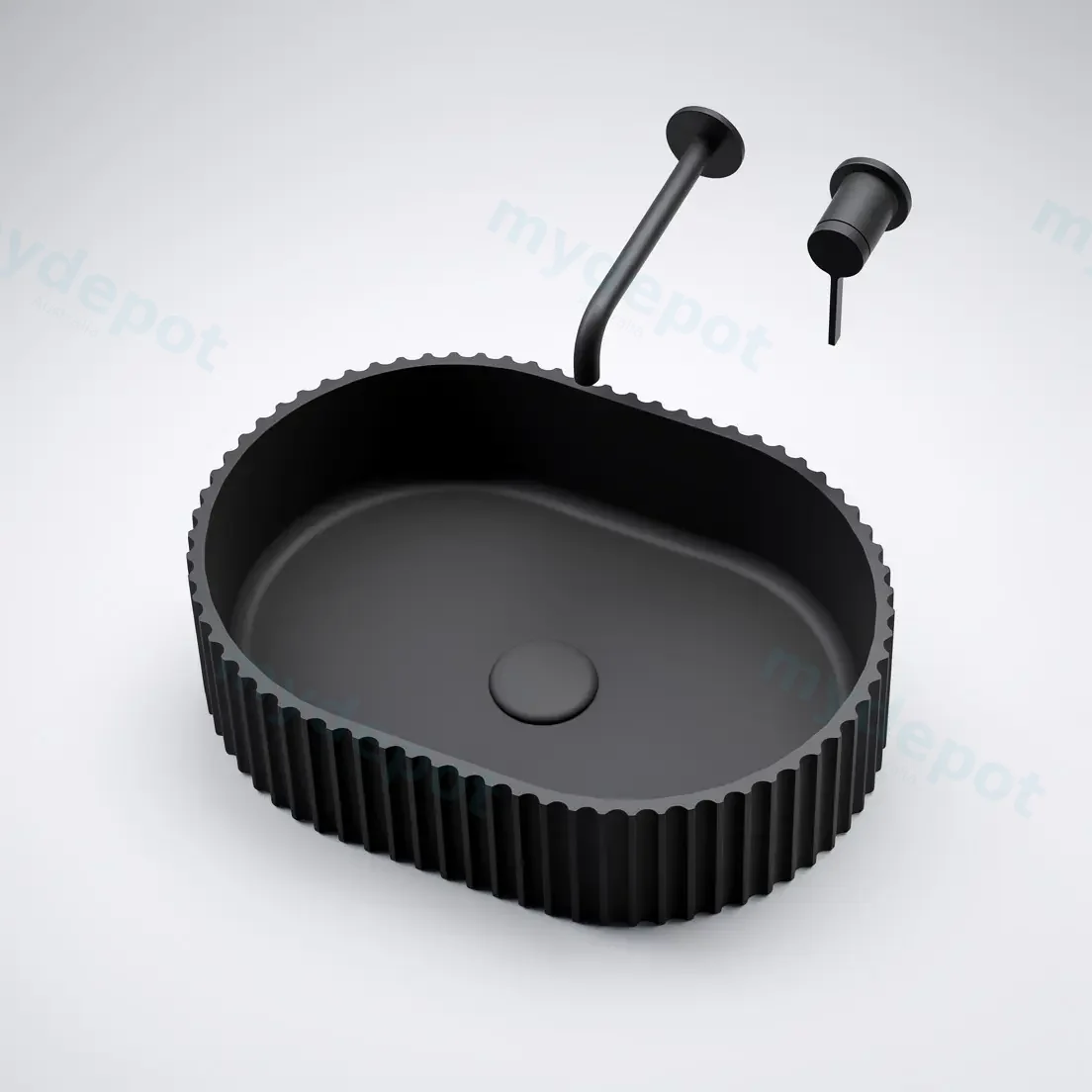 480*345*140mm Matte Black Ellips Fluted Solid Surface Above Counter Basin 32mm Waste view 4