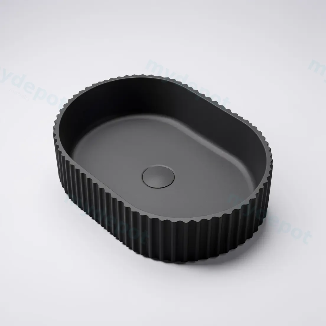 480*345*140mm Matte Black Ellips Fluted Solid Surface Above Counter Basin 32mm Waste view 2
