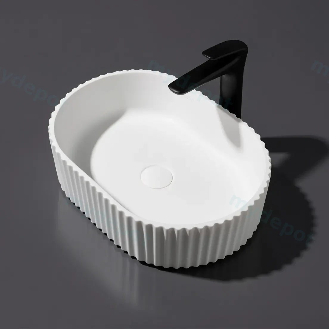 480*345*140mm Matt White Ellips Fluted Solid Surface Above Counter Basin 32mm Waste view 2