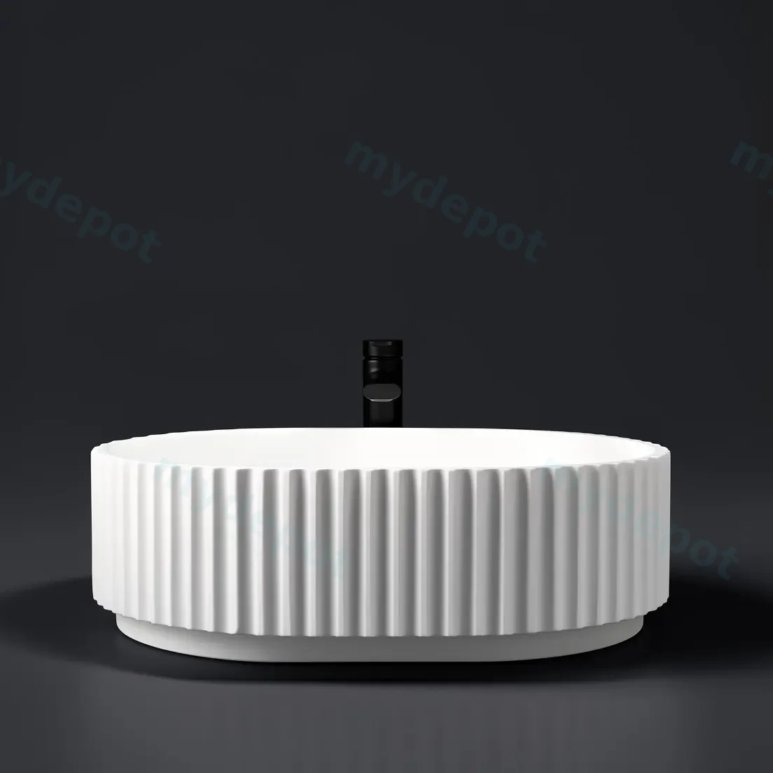 480*345*140mm Matt White Ellips Fluted Solid Surface Above Counter Basin 32mm Waste view 3