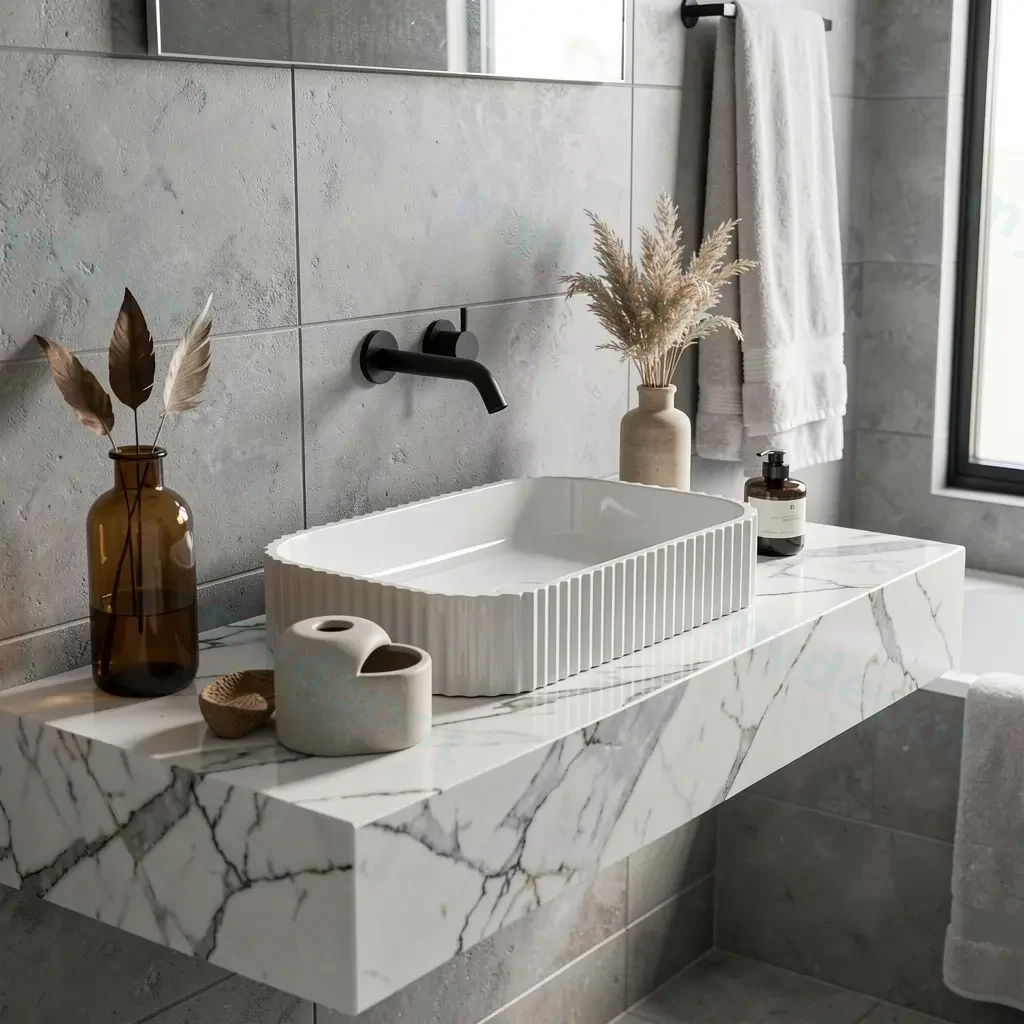 500*350*120mm Gloss White Japserfluted Solid Surface Above Counter Basin 32mm Waste view 3