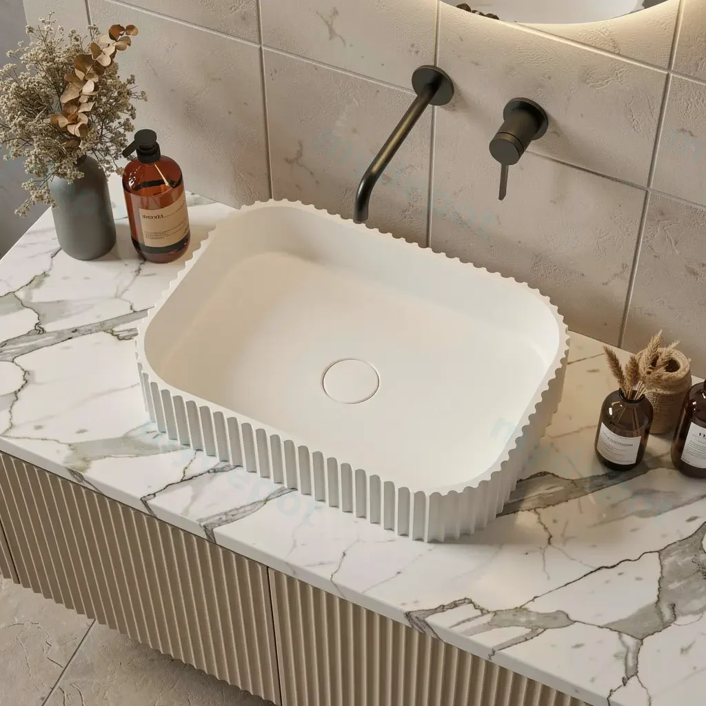 500*350*120mm Matt White Japserfluted Solid Surface Above Counter Basin 32mm Waste view 2