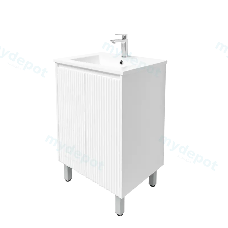 600mm Freestanding Bathroom Vanity Cabinet Only PVC 2 Door Fluted Matte White view 3