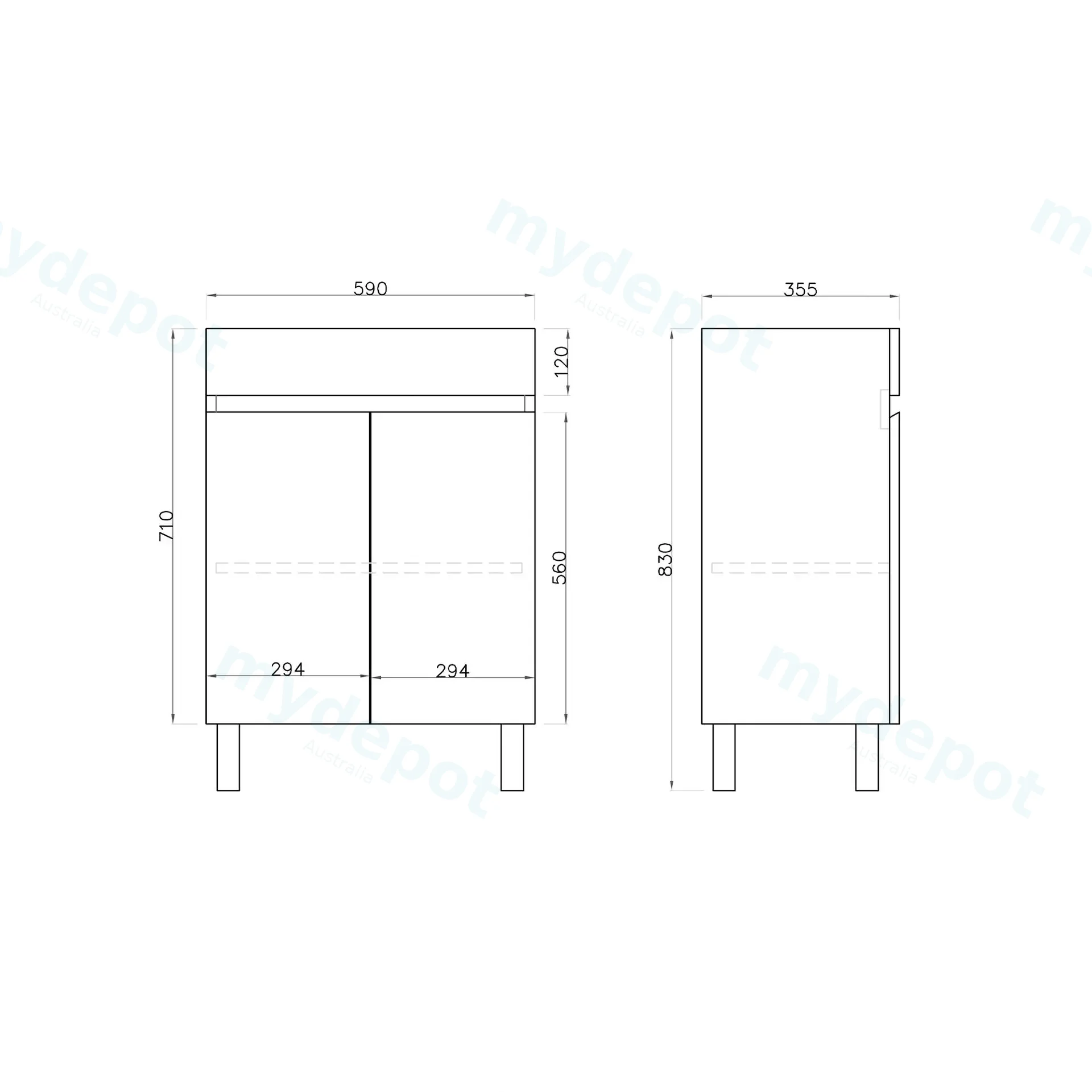 600mm Slim Freestanding Bathroom Vanity Cabinet Only with Legs PVC 2 Door Gloss White view 5