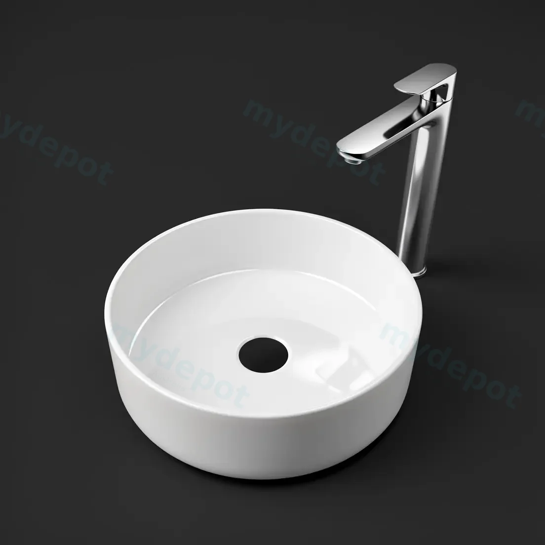 350x350x120mm Round Gloss White Ceramic Above Counter Basin Non-overflow view 2