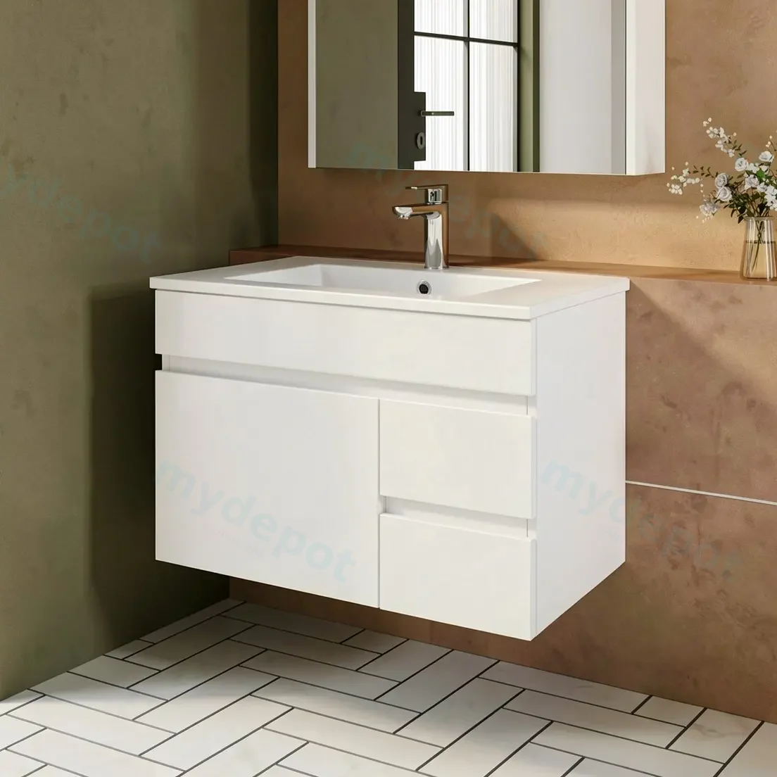 750mm Gloss White MDF 2Right Drawers 1 Left Door  Wall Hung Bathroom Vanity Cabinet Only view 2