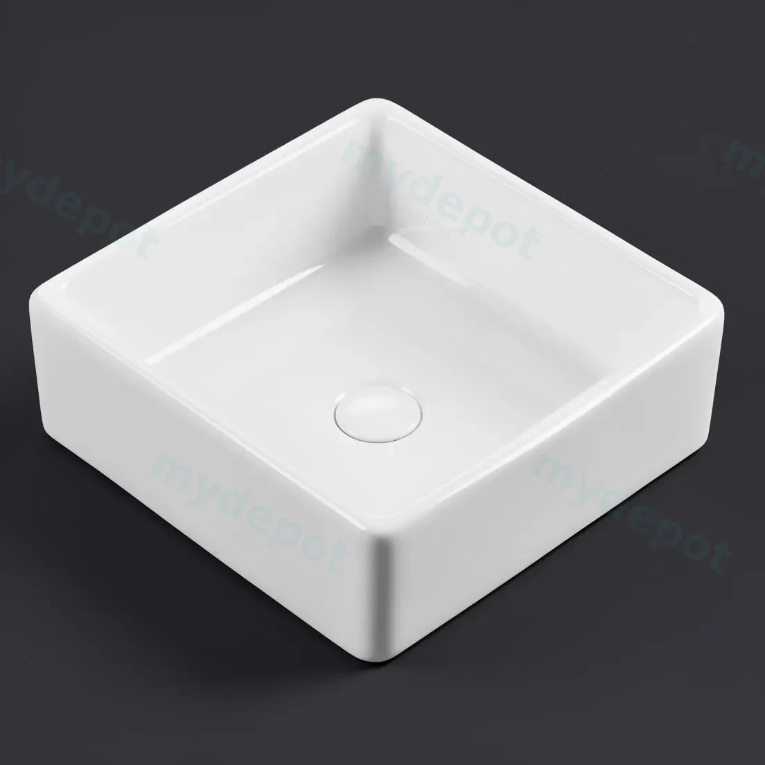 370x370x135mm Square Gloss White Ceramic Above Counter Basin Non-overflow view 3