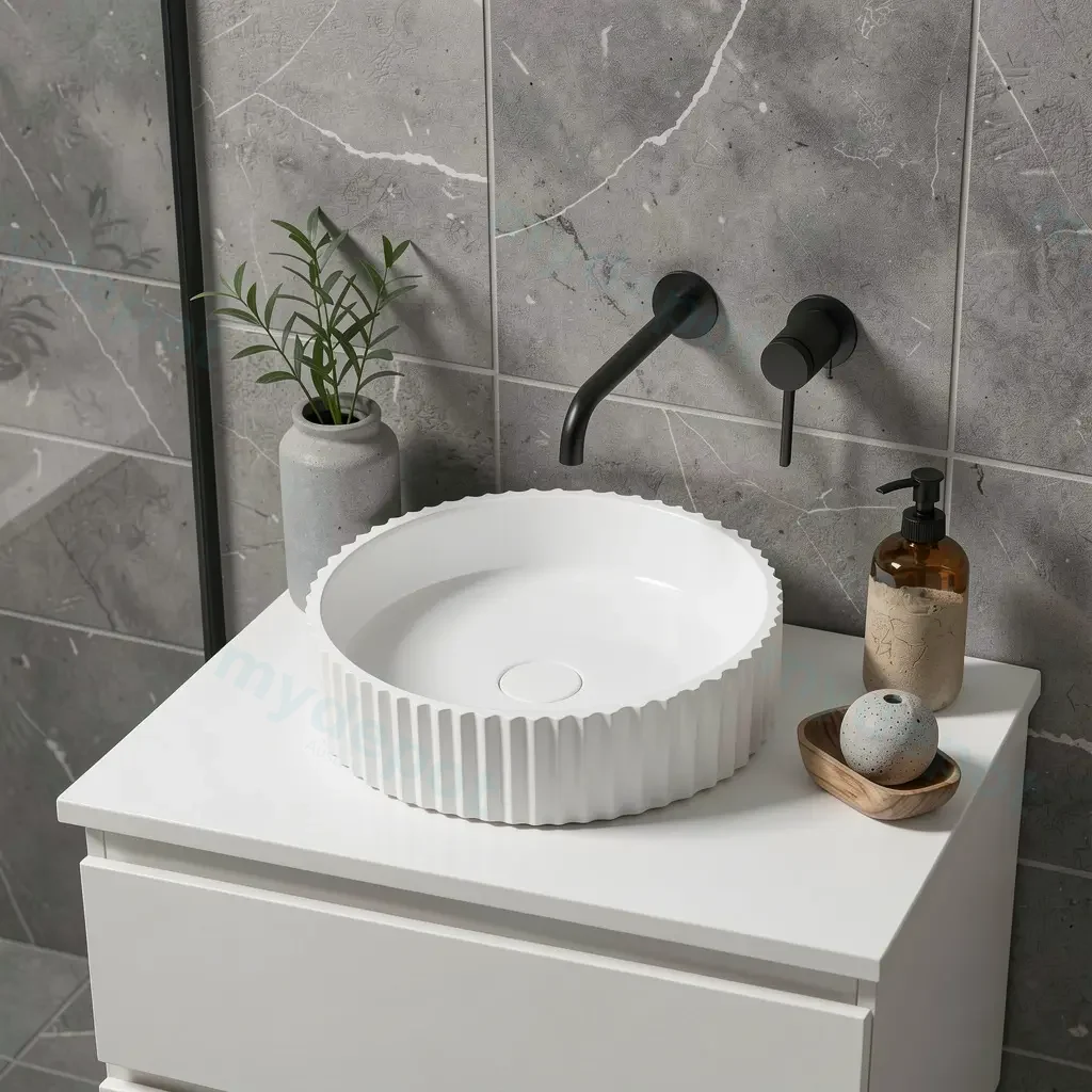 400*400*120mm Matt White Olley Fluted Solid Surface Above Counter Basin 32mm Waste view 2