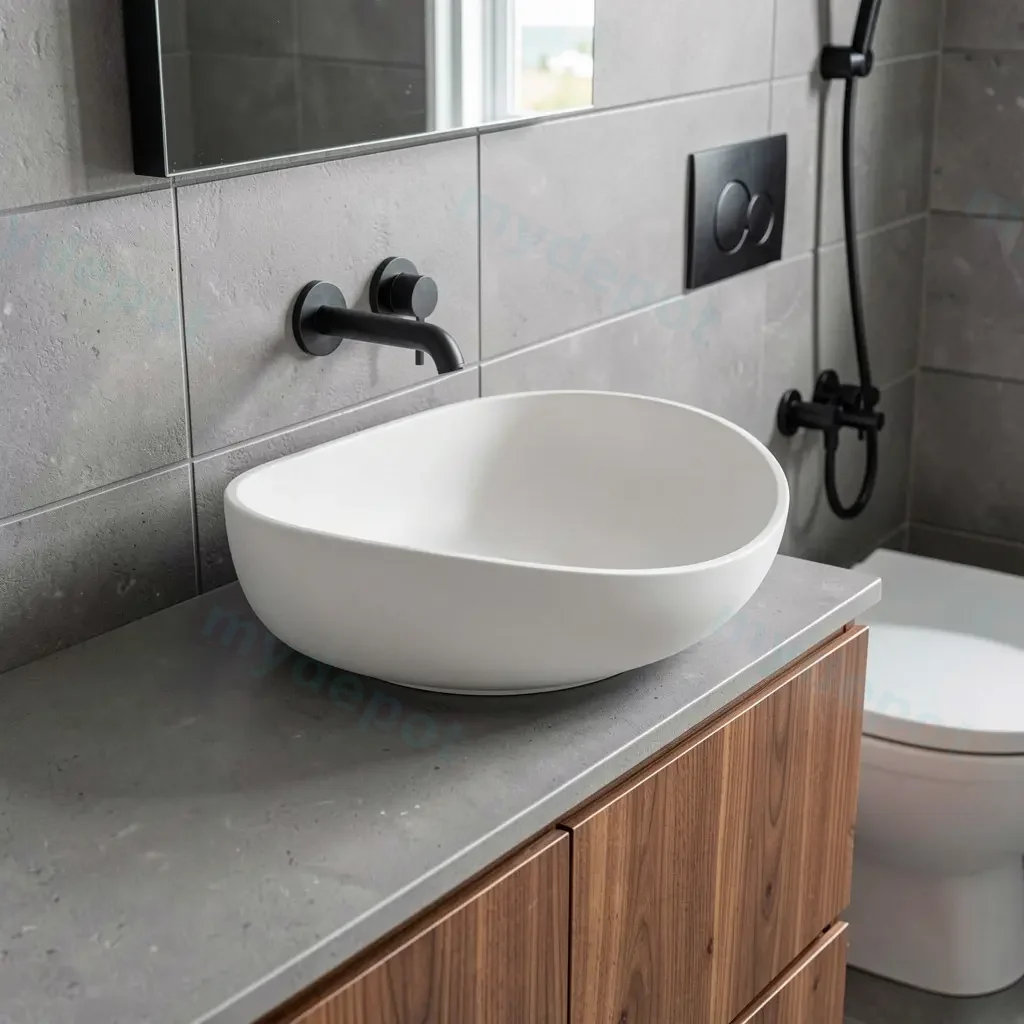 600*370*190mm Matt White Waverton Solid Surface Stone Above Counter Basin 32mm Waste view 2