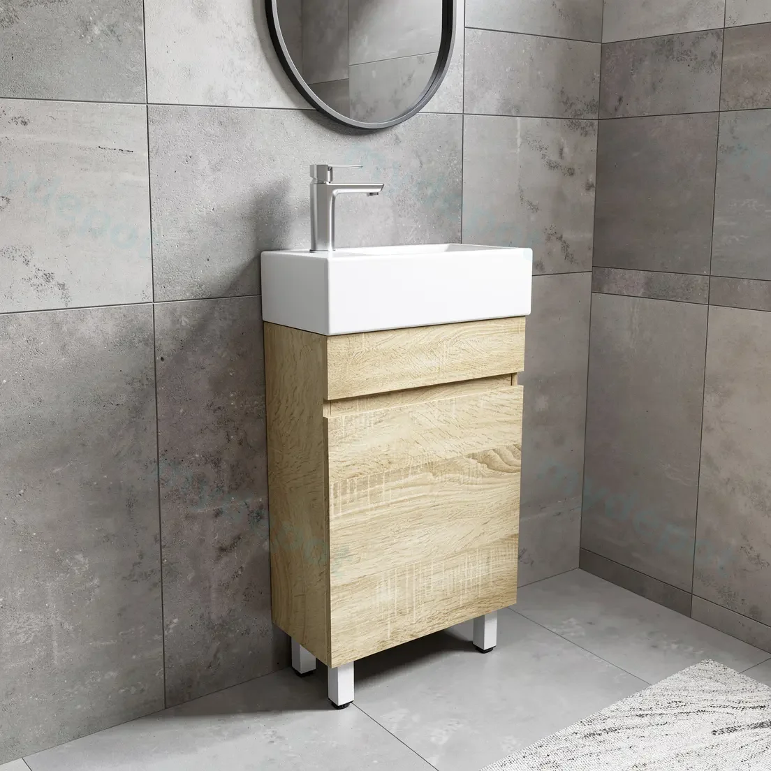 500mm White Oak MDF 1 Door Freestanding Bathroom Vanity Cabinet Only view 2