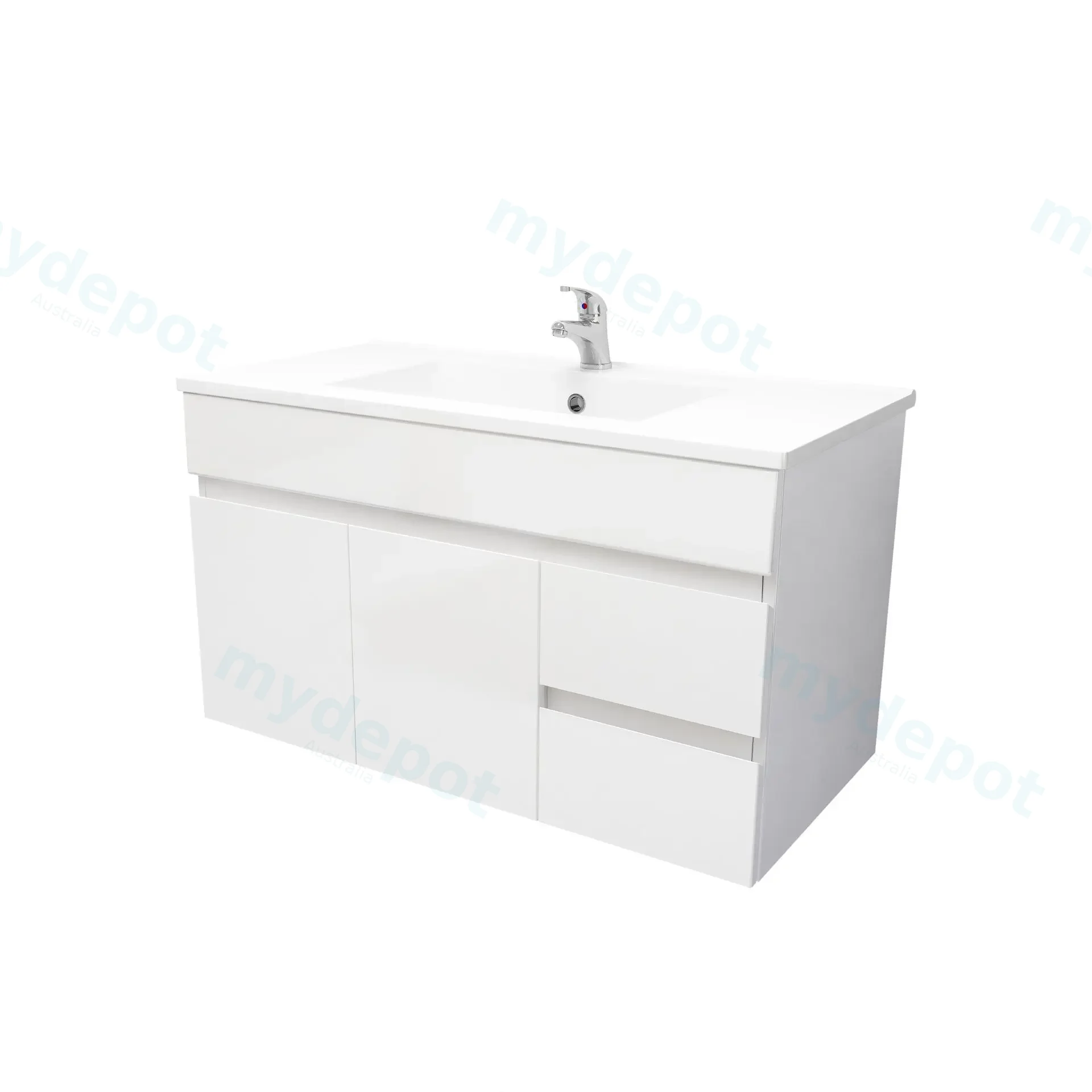 900mm Wall Hung Bathroom Vanity Cabinet Only PVC Right Drawer Gloss White view 2