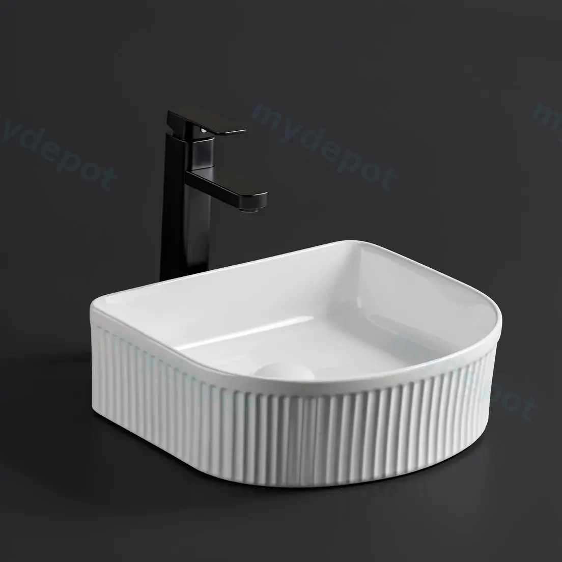 400*350*130mm Gloss White Arco Flueted Fine Ceramic Above Counter Basin No Overflow 32mm Waste view 2