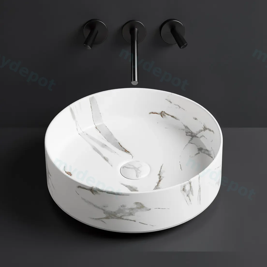 395*395*115mm Matte Carrara White And Bronze Olley Fine Ceramic Above Counter Basin No Overflow,32mm Waste view 2