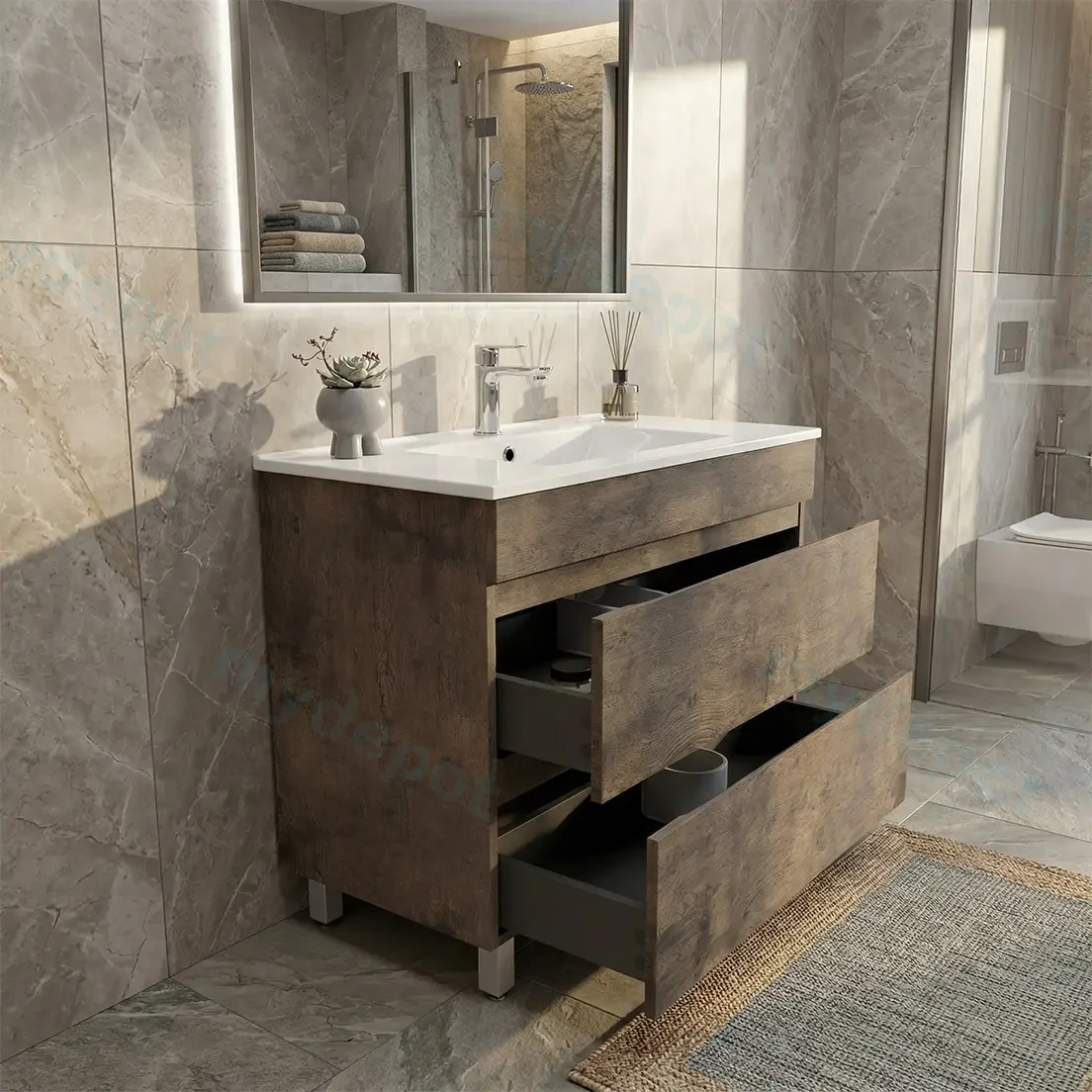 900Lx830Hx450Dmm Dark Oak MDF Board with PVC Vacuum Filmed 2/DW Freestanding Vanity view 2