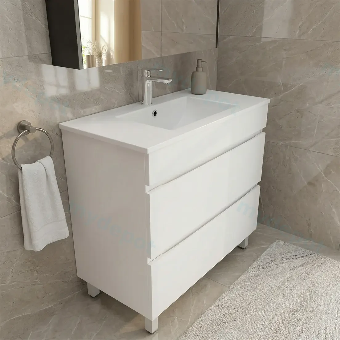 900Lx830Hx450Dmm Matte White MDF Board with PVC Vacuum Filmed 2/DW Freestanding Vanity view 3