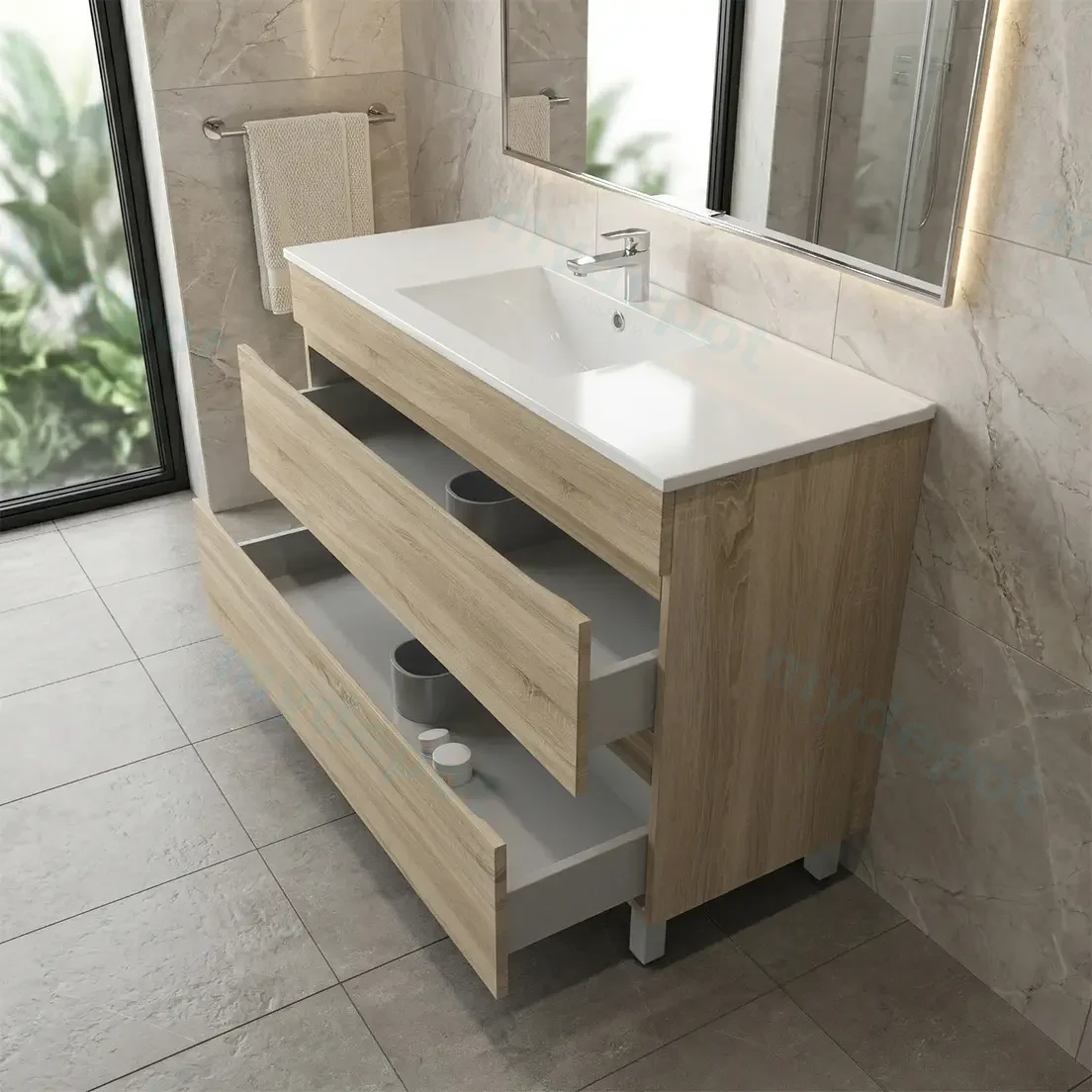 1200mm White Oak MDF 2 Drawers Freestanding Bathroom Vanity Cabinet Only view 2