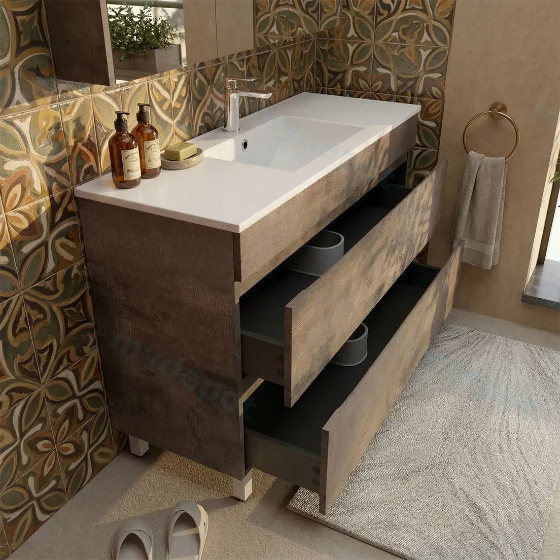 1200mm Dark Oak MDF 2 Drawers Freestanding Bathroom Vanity Cabinet Only view 2