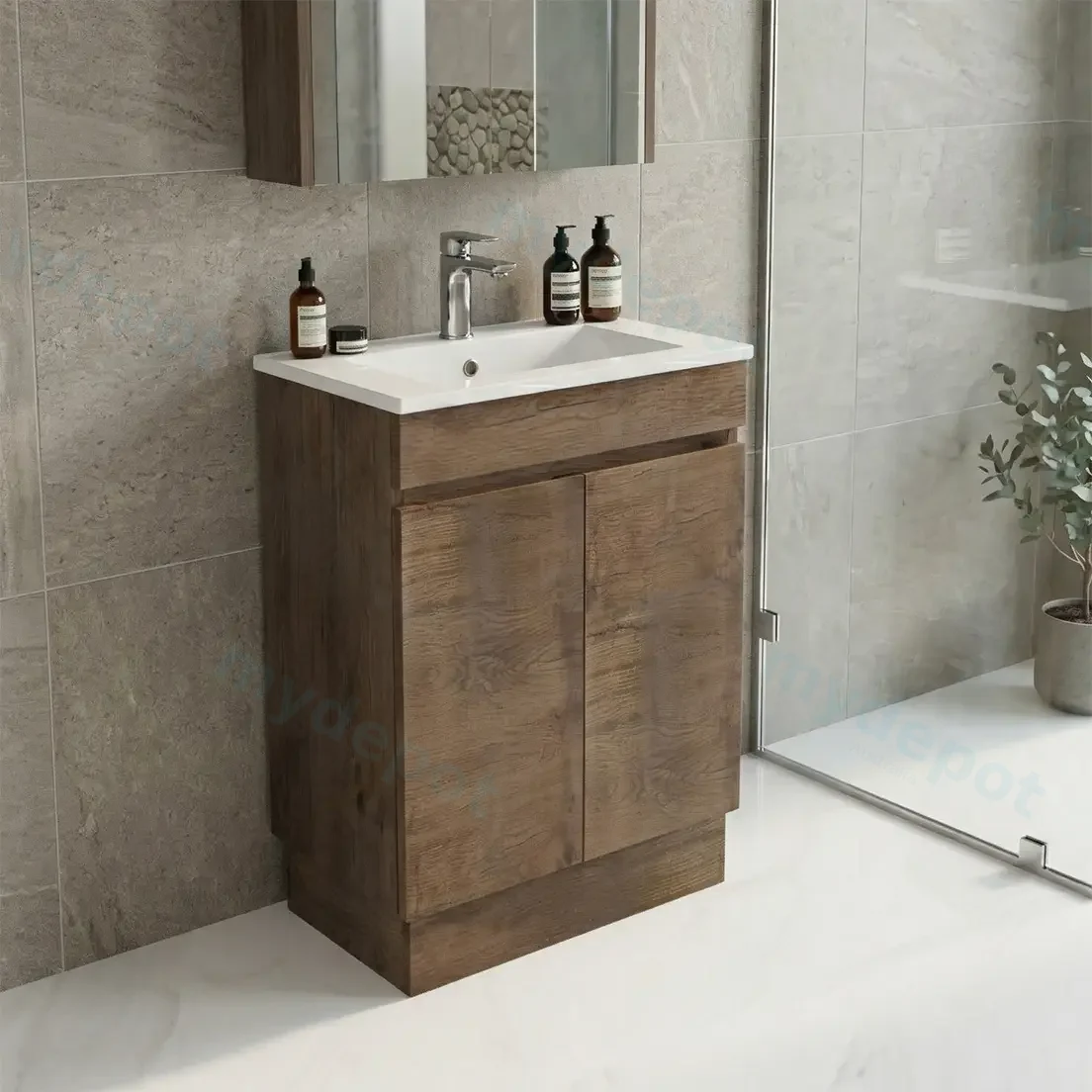 600mm Slim Dark Oak MDF Freestanding Bathroom Vanity Cabinet Only 2 Doors view 2