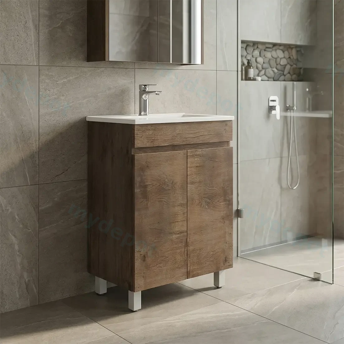 600mm Slim Dark Oak MDF Freestanding Bathroom Vanity Cabinet Only 2 Doors view 3