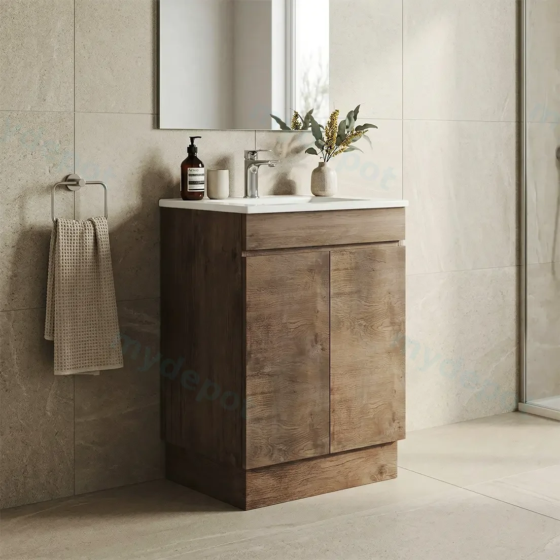600mm Dark Oak MDF Freestanding Bathroom Vanity Cabinet Only 2 Doors view 2