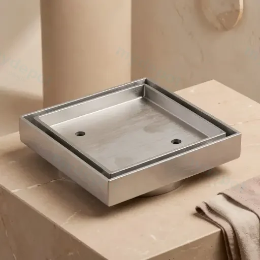 115X115mm Brushed Chrome Square Tile Insert Floor Drain(90mm Outlet)