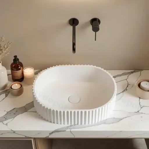 480*345*140mm Matt White Ellips Fluted Solid Surface Above Counter Basin 32mm Waste