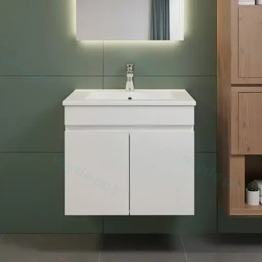 600mm Narrow Gloss White MDF 2 Doors Wall Hung Bathroom Vanity Cabinet Only