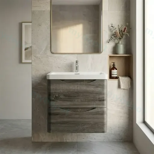 600mm Dark Grey MDF Board with PVC Vacuum Filmed Two Drawers Curved Wall Hung Vanity Cabinet Only