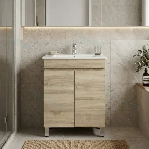 600mm White Oak MDF Freestanding Bathroom Vanity Cabinet Only 2 Doors