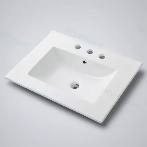 605*463*175mm Gloss White Crete Fine Ceramic Counter Top 3 Tap Hole Overflow,32mm Waste