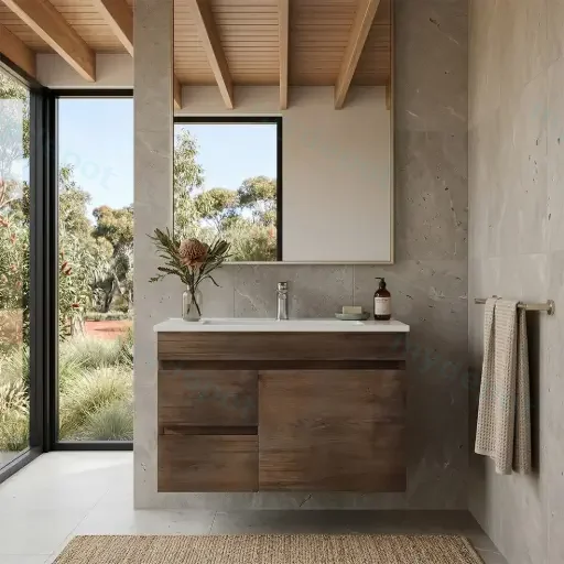 750mm Slim Dark Oak MDF Wall Hung Bathroom Vanity Cabinet Only Left Drawer PVC Vacuum Filmed