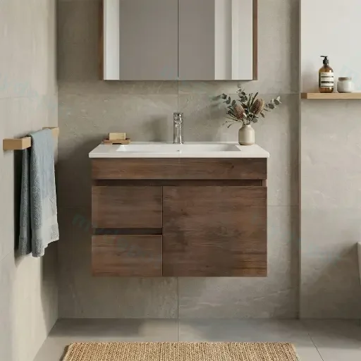 750mm Dark Oak MDF Wall Hung Bathroom Vanity Cabinet Only Left Drawer PVC Vacuum Filmed