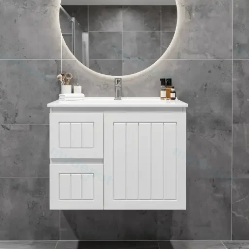750mm Amber Matte White MDF 2 Left Drawers 1 Right Door Wall Hung Bathroom Vanity Cabinet Only