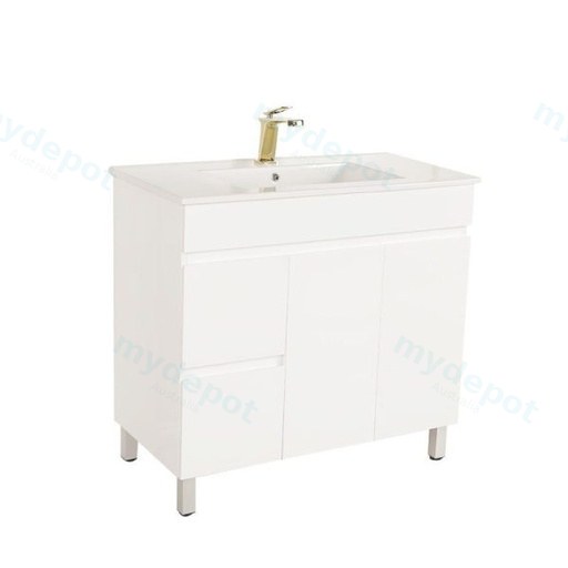 900*450*710mm Freestangding Gloss White PVC Vanity Left Drawer With Ceramic Top
