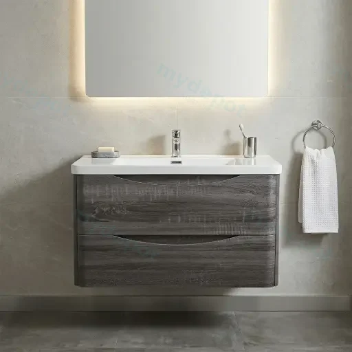 900mm Dark Grey MDF Board with PVC Vacuum Filmed Two Drawers Curved Wall Hung Vanity Cabinet Only
