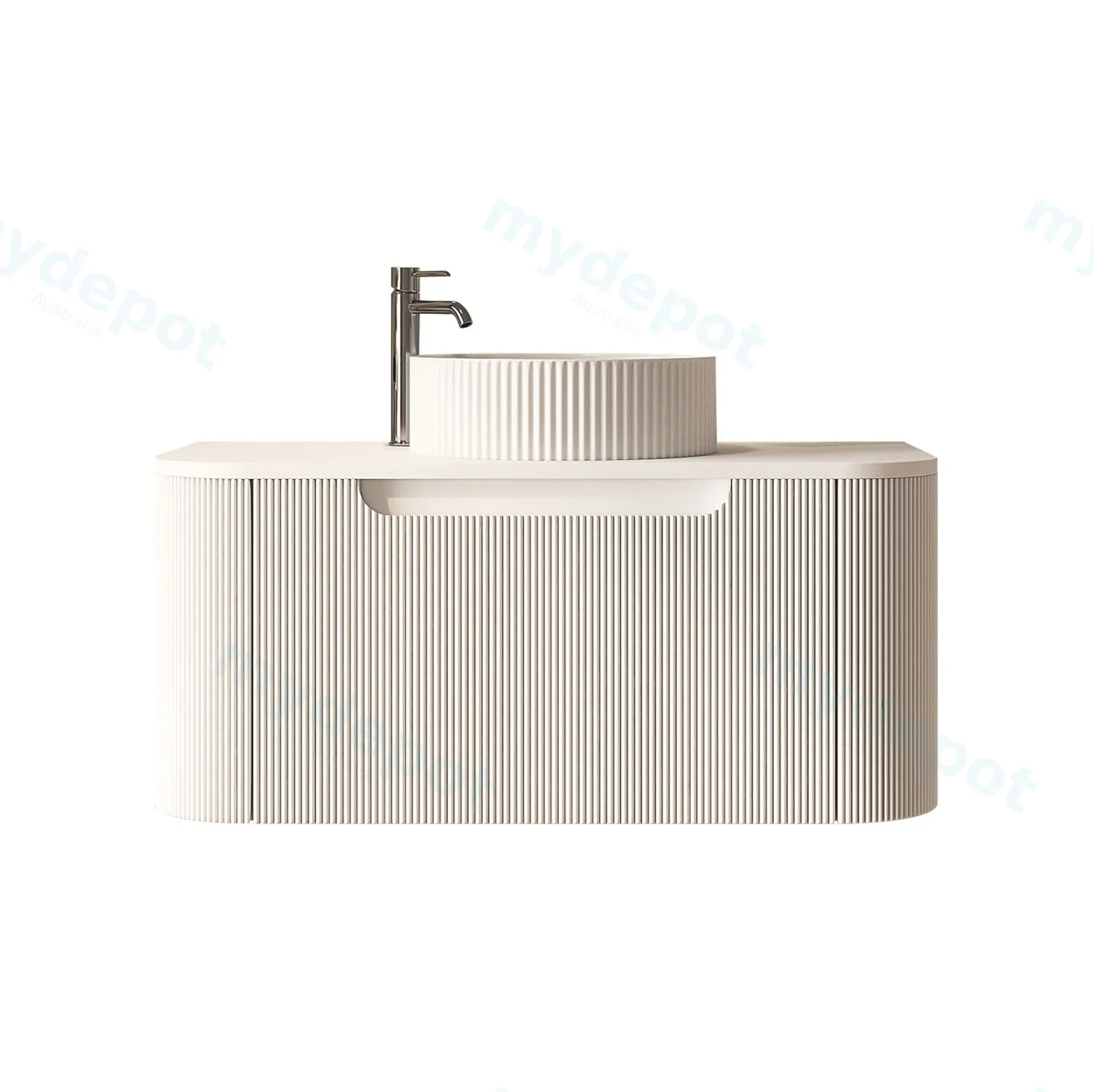 900x460x400mm Rome Matt White Round Edge Grooved Wall Hung MDF Vanity With White Quartz Stone Top One Soft Closing Drawer