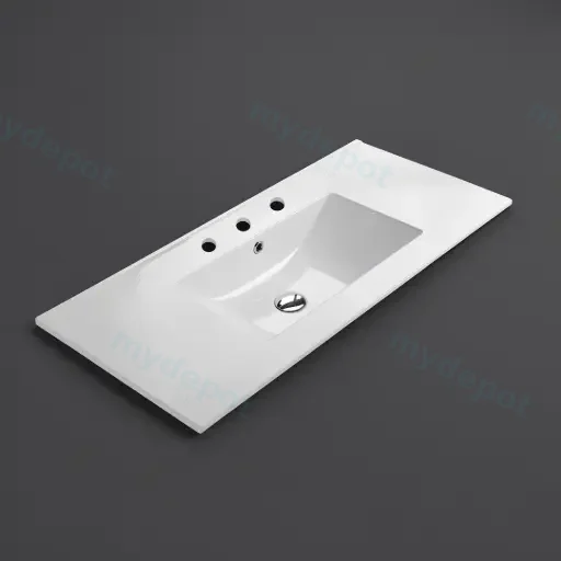 905*463*175mm Gloss White Crete Fine Ceramic Counter Top 3 Tap Hole Overflow,32mm Waste