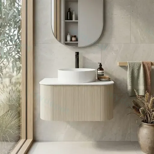 Kiama 750mm Coastal Oak One Drawer Curved Wall Hung Vanity Cabinet Only