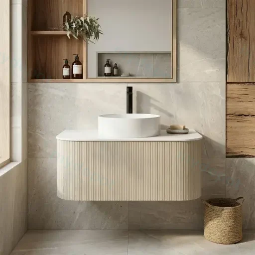 Kiama 900mm Coastal Oak One Drawer Curved Wall Hung Vanity Cabinet Only