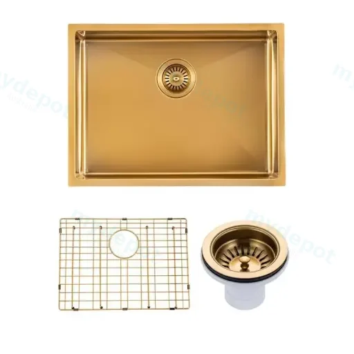 (C-600 Gold)Round Corner Stainless Steel Brushed Brass PVD Coating Single Bowl Kitchen Sink(With Bottom Grid) 600*450*230mm