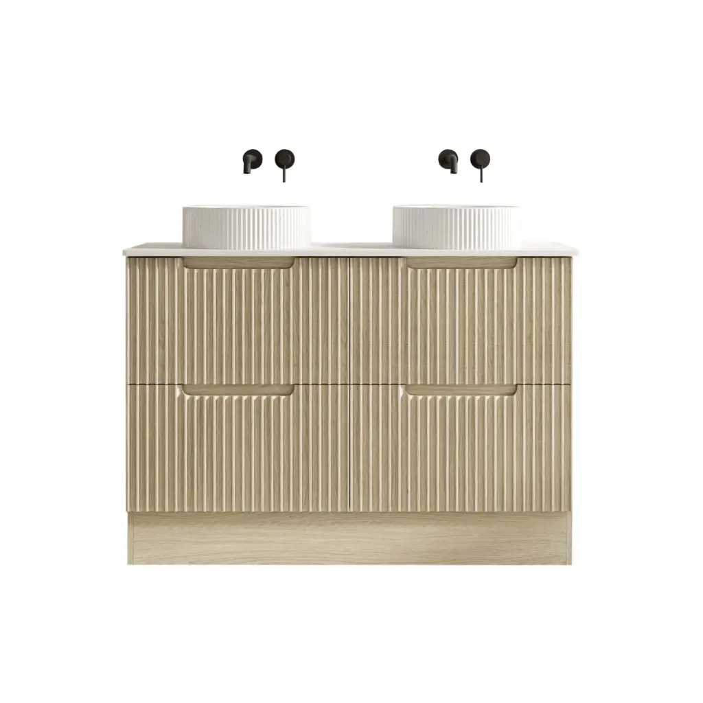 [50537] 1190x455x830 Natural Oak Premium Straight Edge Freestanding vanity With Carrara Stone Top